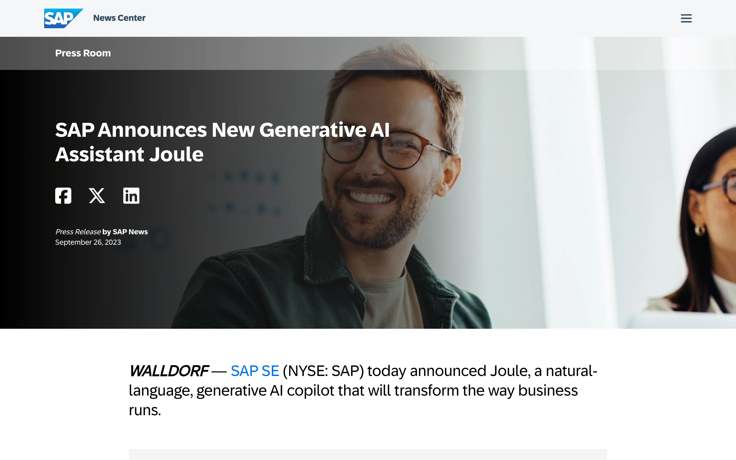 SAP, 26 Sep 2023: SAP announces new generative AI assistant Joule