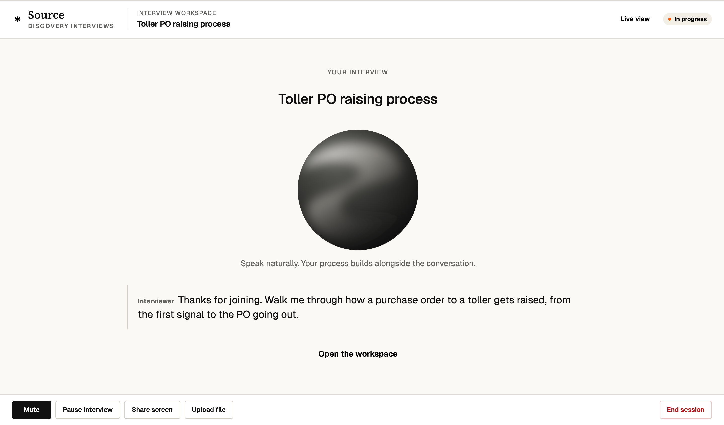 The Source interview screen as a session opens
